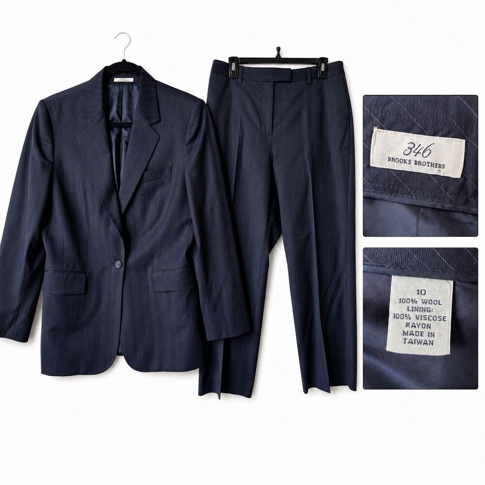 Brooks Brothers 346 Womens Wool Pinstripe Pant Suit Blazer 12 Pants 10 Navy